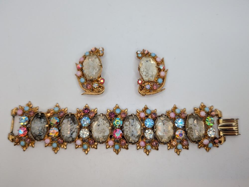 Pastel/Easter Egg Demi-Parure with Large Faceted Givre Glass and Pastel Accents